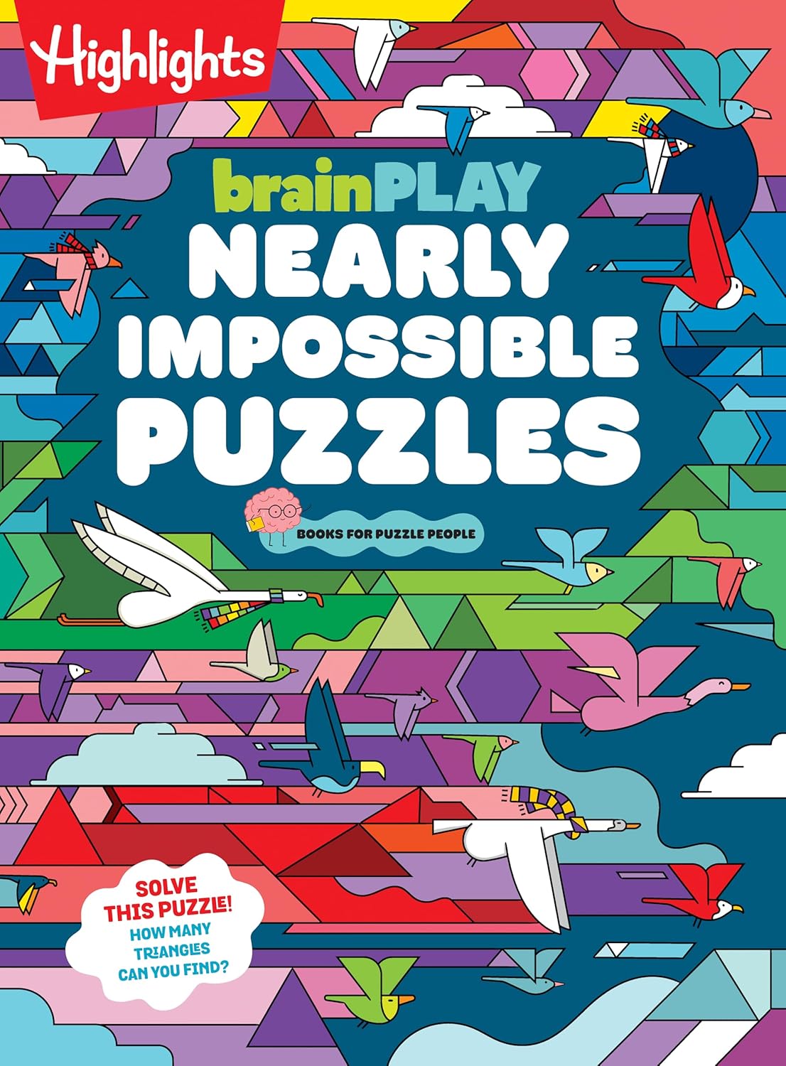 brainPLAY Nearly Impossible Puzzles book cover featuring colorful geometric birds and shapes for kids’ brain challenges.