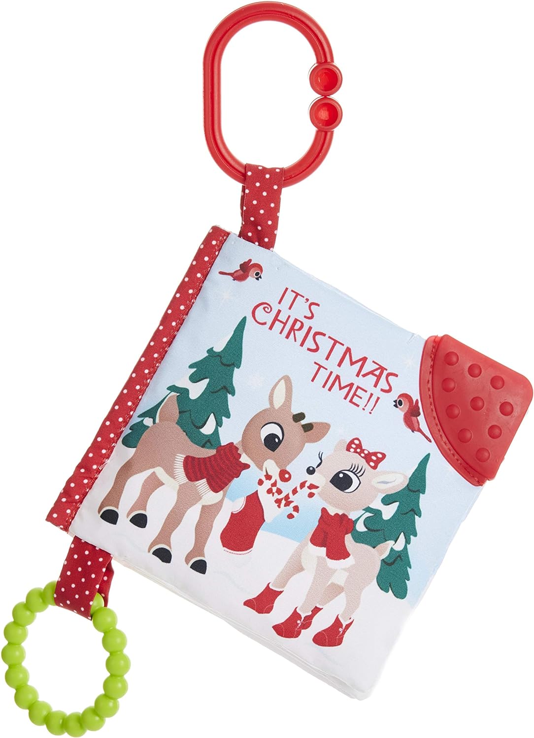 Rudolph | Soft Book with Christmas design, teether, colorful textures, and on-the-go clip for babies.