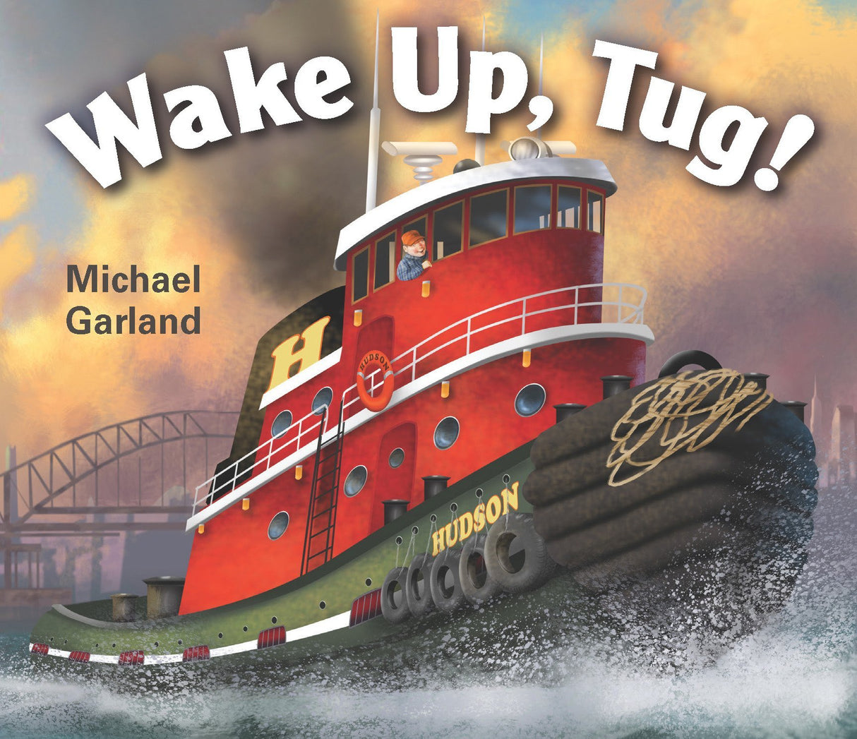 Wake Up Tug! BB cover featuring a sturdy red tugboat named Hudson navigating choppy waters with city skyline background.