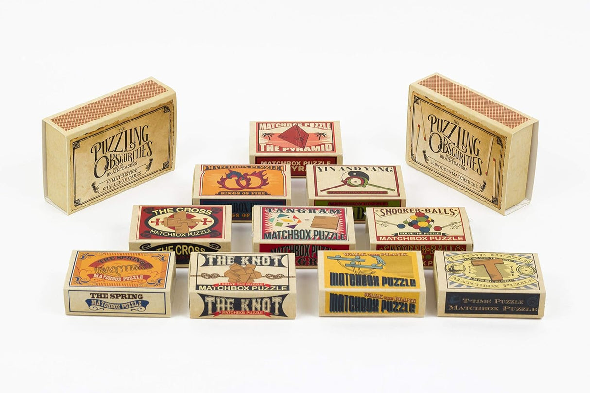 Puzzling Obsurities Matchbox Puzzle set with 10 unique pocket-sized brainteasers in vintage-style matchboxes.