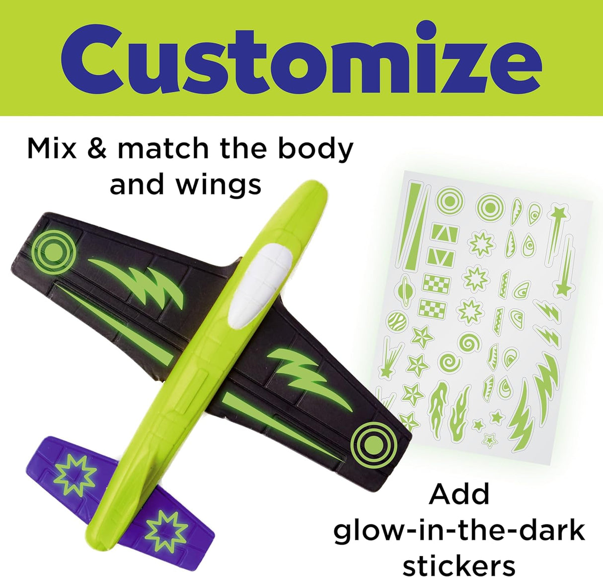 Stunt Squadron Glow Foam Fliers with customizable body and wings and glow-in-the-dark stickers for kids.