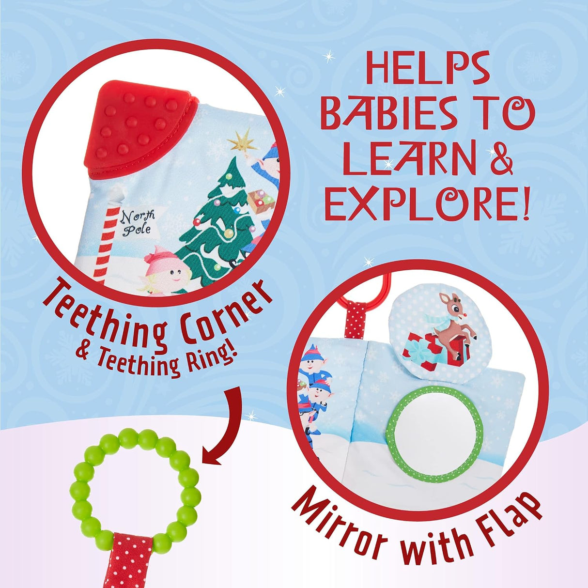 Rudolph | Soft Book features a teething corner, teething ring, and mirror with flap for sensory play and learning.