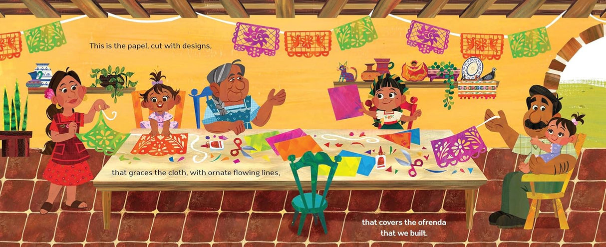 Illustration from The Ofrenda That We Built showing a family creating a colorful Day of the Dead ofrenda together.