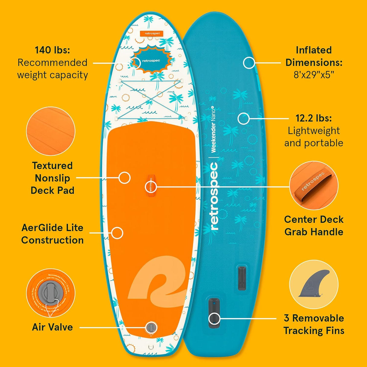 Weekender Nano Kids' Inflatable Paddle Board in Surfer Blue with textured deck pad and removable tracking fins.