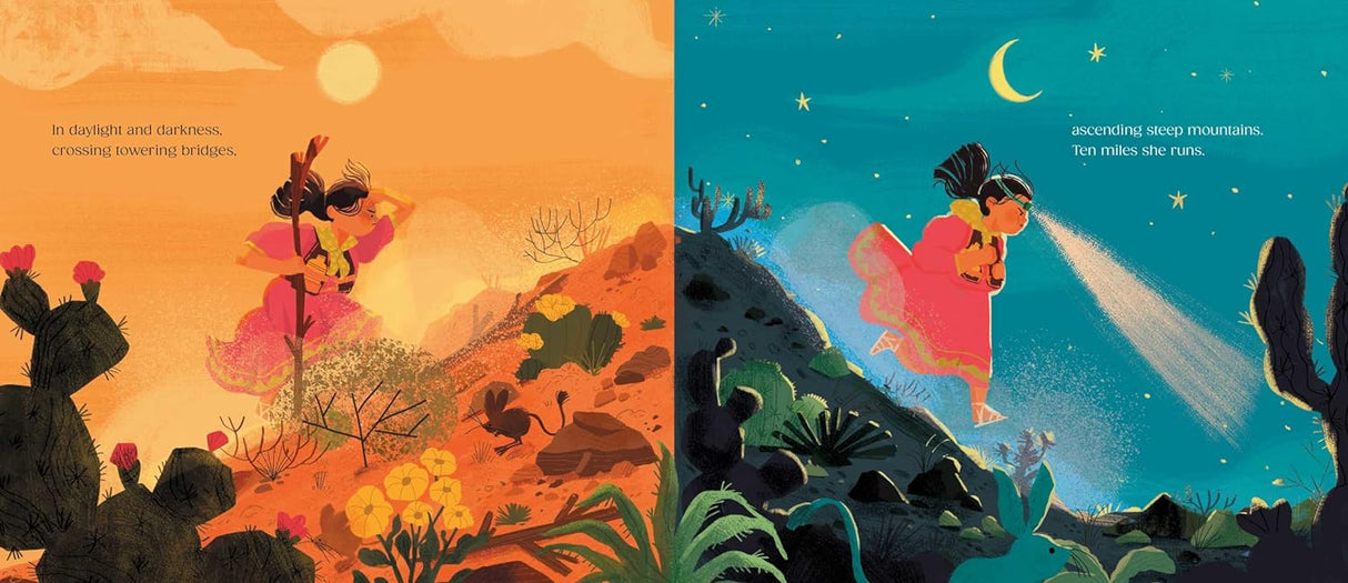 Daughter of the Light-Footed People showing Lorena Ramírez running in traditional Rarámuri clothes by day and night.