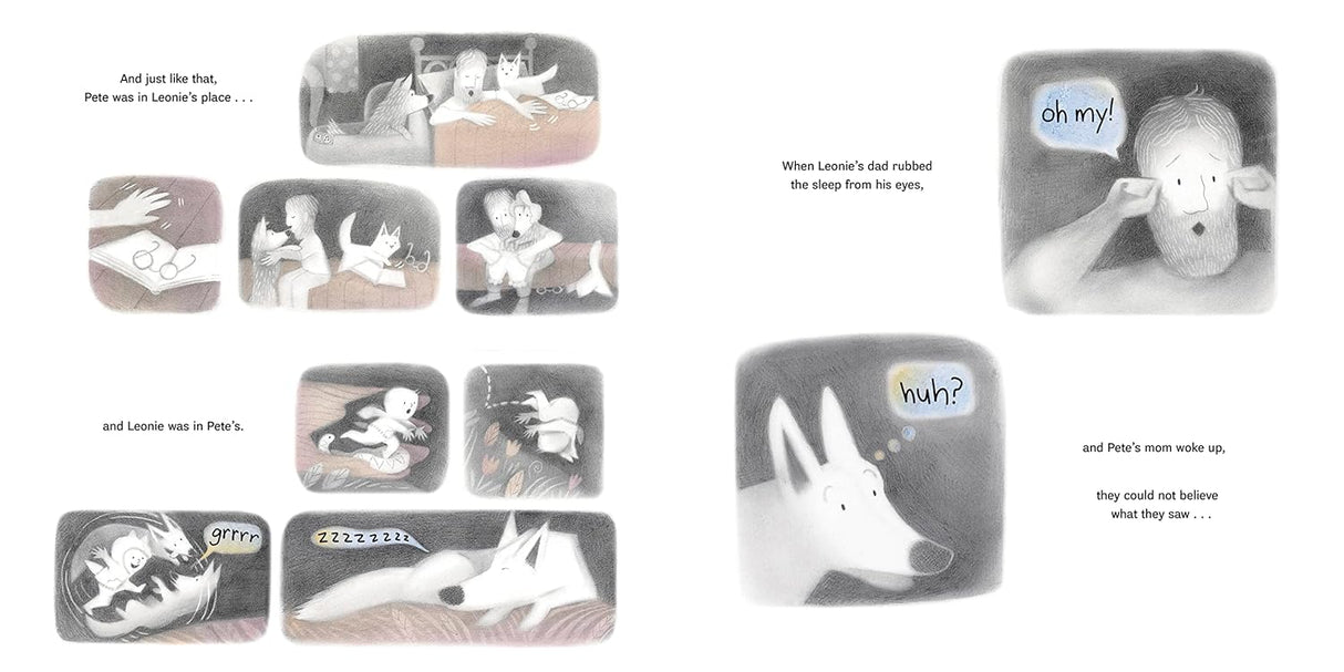 Pete and Leonie The Great Baby Swap shows comic-style scenes of a baby and coyote cub switching places and waking up confused.