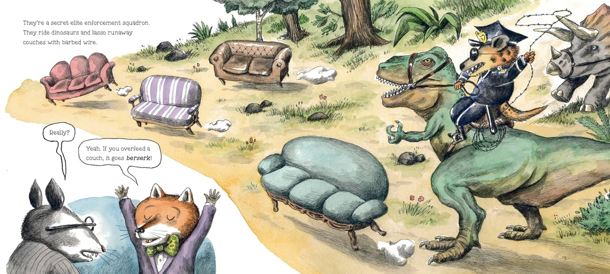 Illustration from The Truth About the Couch showing whimsical couches and animals in a playful outdoor scene.