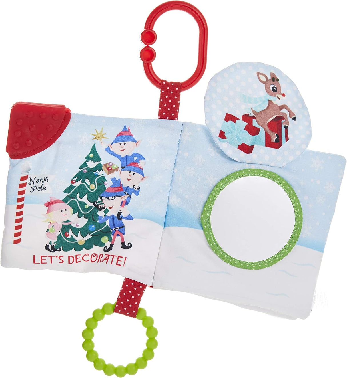 Rudolph | Soft Book featuring colorful holiday illustrations, teether, sensory textures, and travel clip for babies.