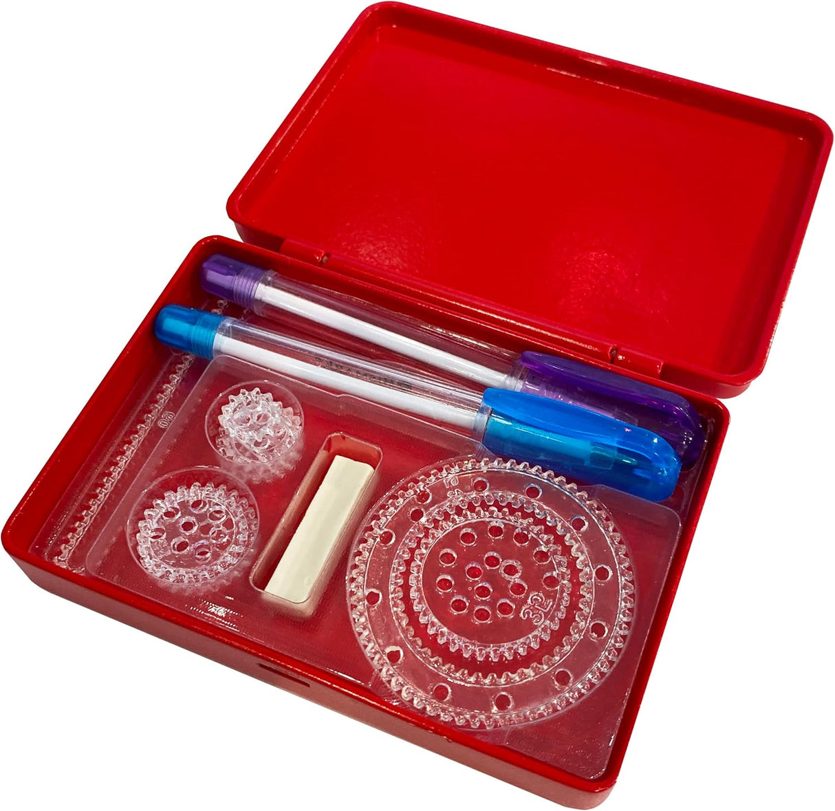 Compact red case containing six clear spirograph wheels, two colored pens, and white putty for drawing patterns.