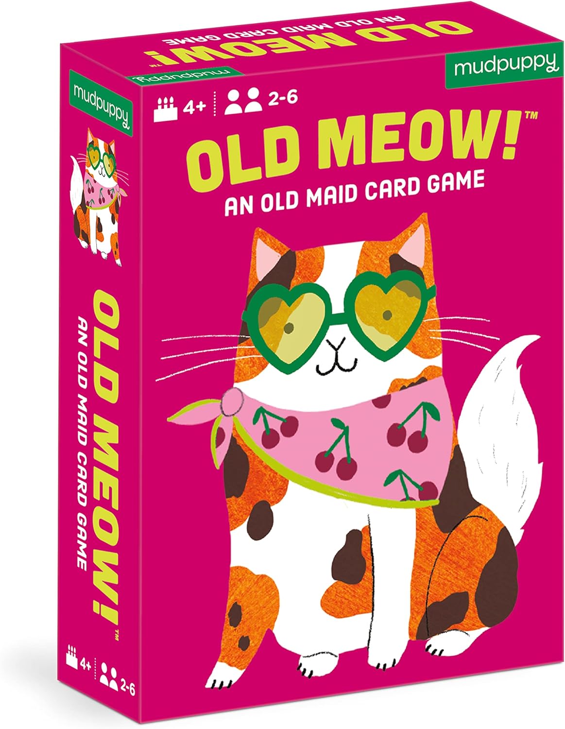 Old Meow! features a colorful cat wearing heart-shaped glasses on a bright pink box for an old maid card game.