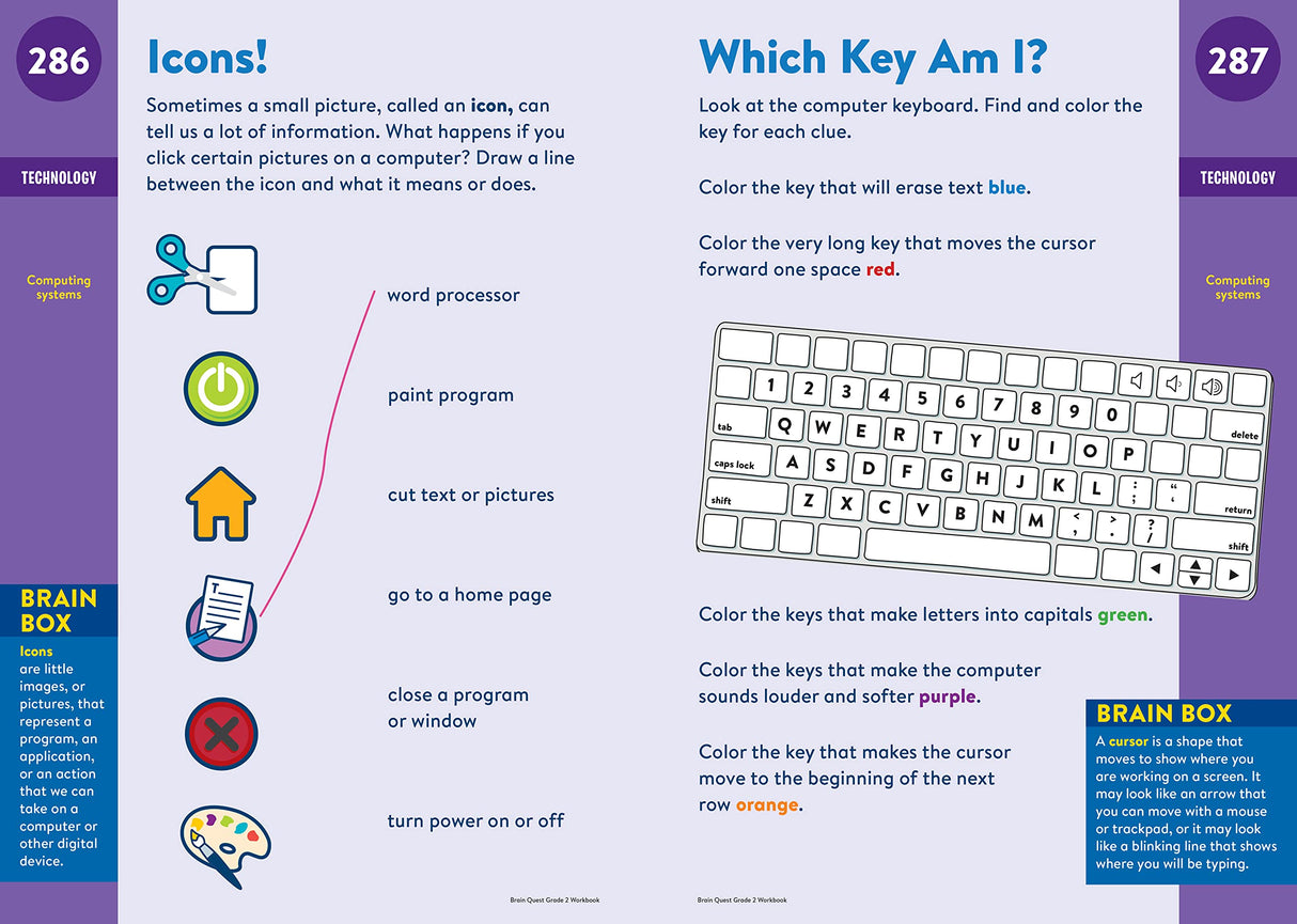 Brain Quest Workbook Grade 2 open to colorful icons and keyboard activities teaching technology and computing skills.