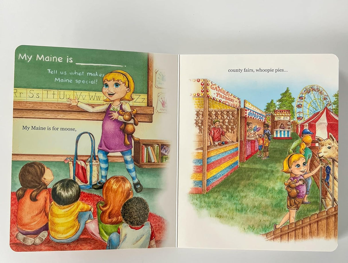 Open pages of the "My Maine" book showing a girl with a stuffed moose at school and a colorful county fair scene.