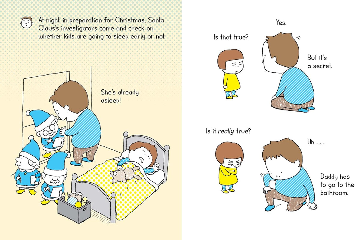 Illustrated scene from That's Not Fair showing a kid in bed and playful elves checking if children sleep early before Christmas.