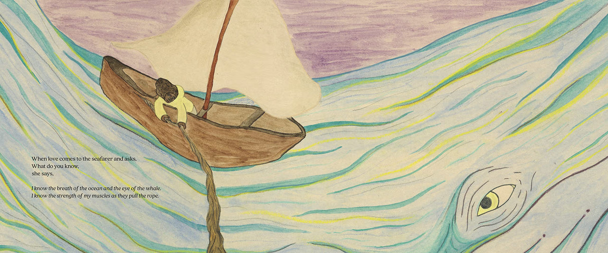 What Do You Know? illustration of a boat sailing near a gentle whale’s eye in a poetic children’s picture book.