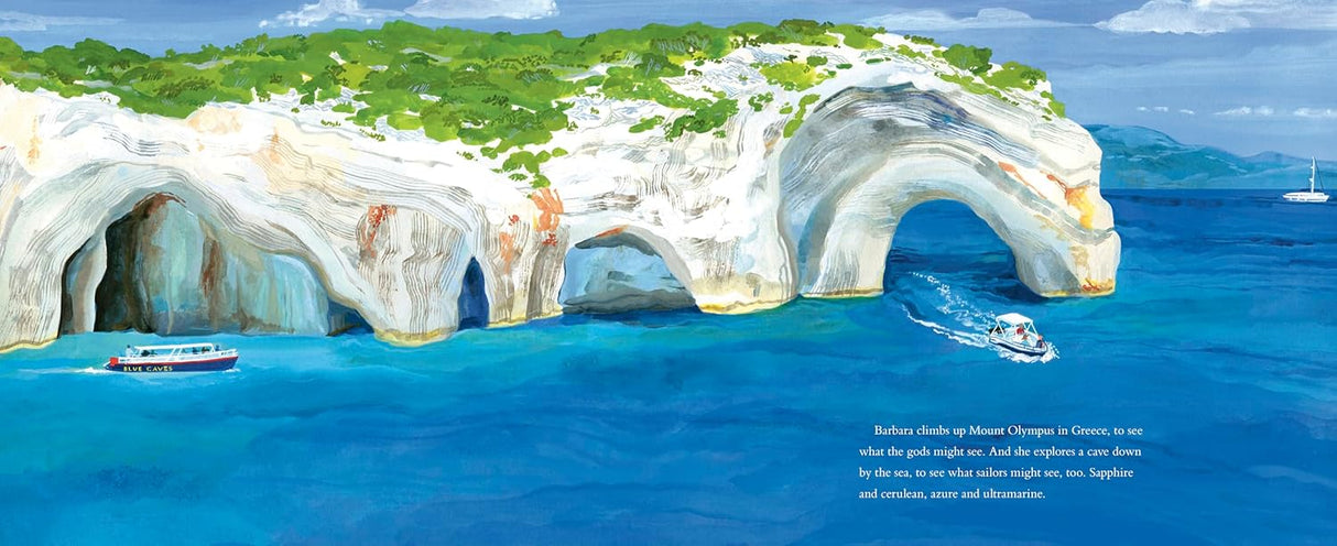 World More Beautiful: The Life and Art of Barbara Cooney shows a vibrant coastal scene with boats near white cliffs and blue water.