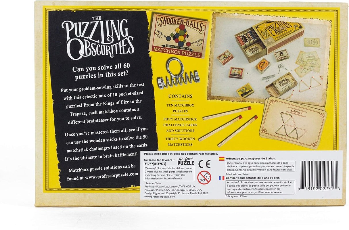 Puzzling Obsurities Matchbox Puzzle set with 10 brainteasers, wooden sticks, and 50 matchstick challenges for ages 8+
