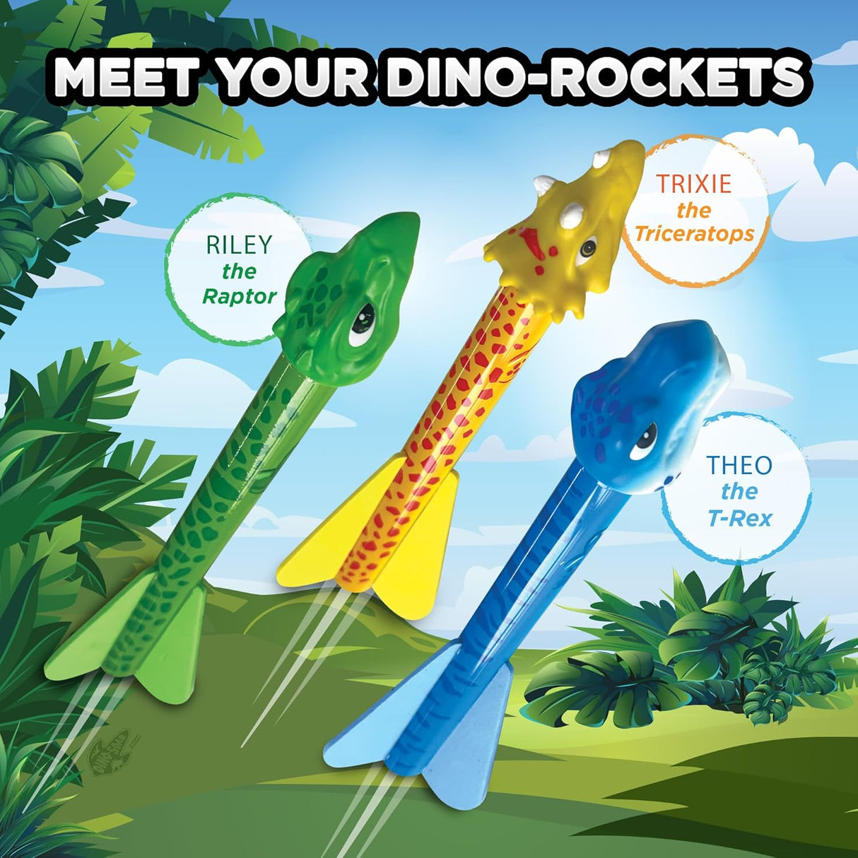 Three colorful dinosaur-shaped stomp rockets named Riley the Raptor, Trixie the Triceratops, and Theo the T-Rex flying outdoors