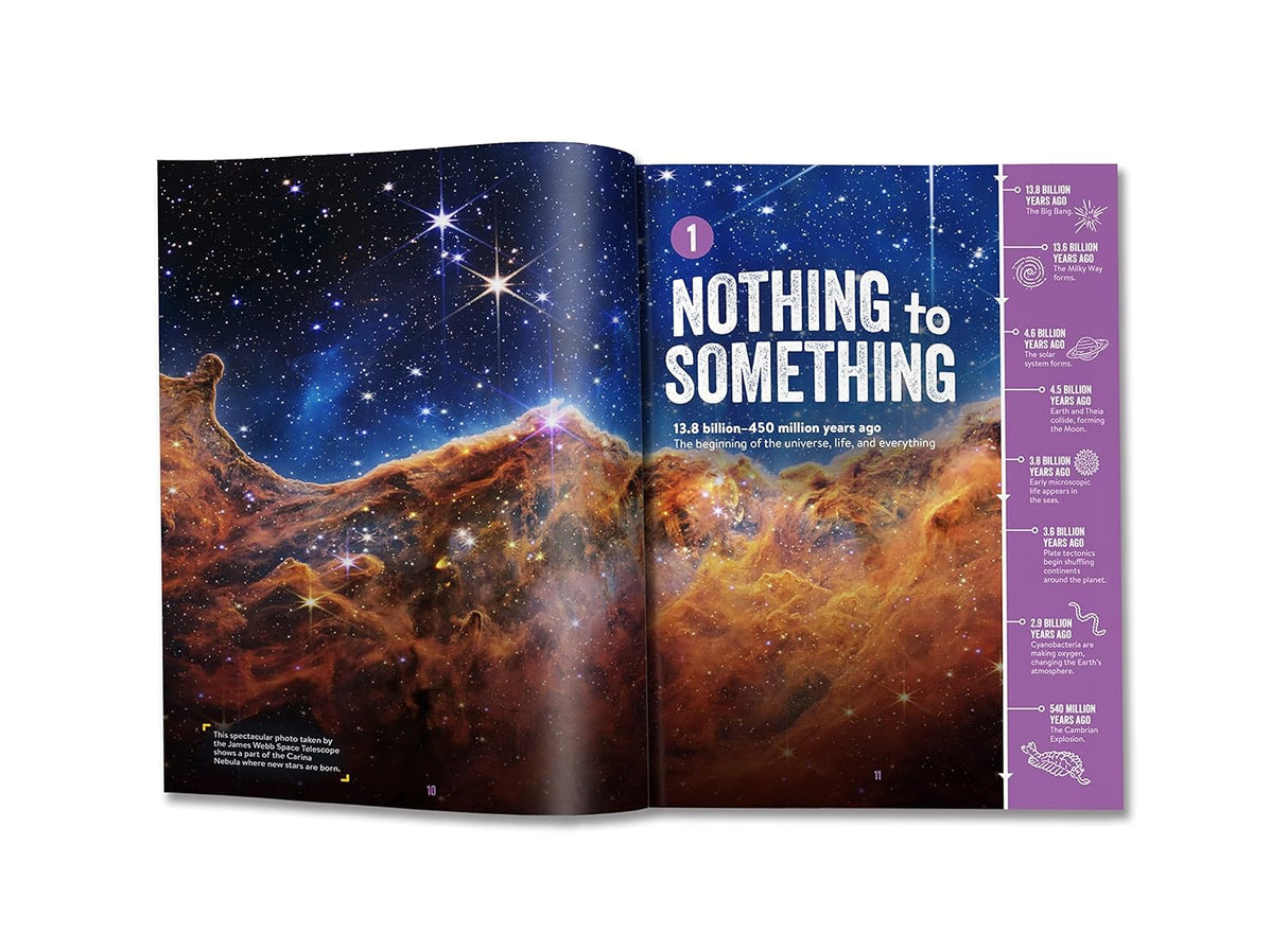 Absolutely Everything! New Edition open to a colorful cosmic timeline titled Nothing to Something.