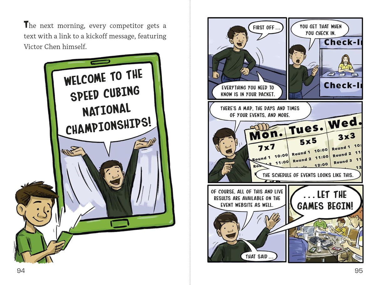 Lucky Scramble graphic novel pages showing characters preparing for the Speed Cubing National Championships.