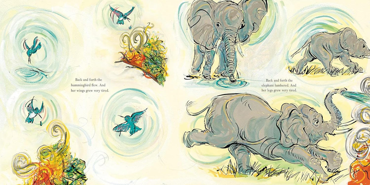 Illustration from The Littlest Drop showing animals including a hummingbird and elephants facing a fire near their home.