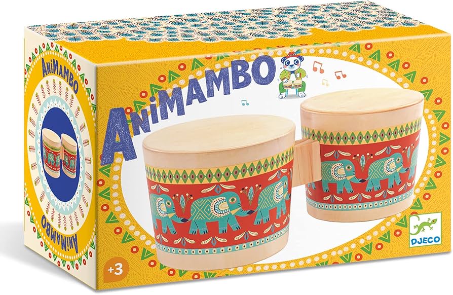 Animambo Bongo Drums with colorful elephant design, perfect musical toy for kids aged 3 and up.