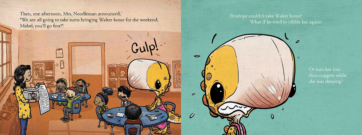 We Don't Lose Our Class Goldfish book illustration showing kids in class and a worried Penelope Rex with a goldfish bowl on her head.