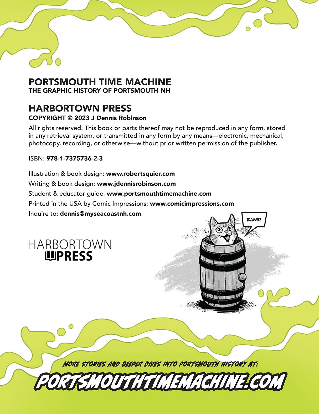 Portsmouth Time Machine copyright page with cat illustration and publishing details for the graphic history book.