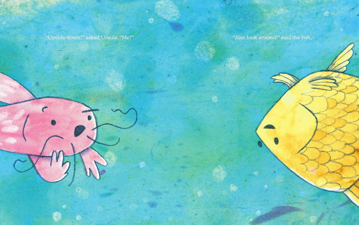 Illustration from Ursula Upside Down showing a happy pink catfish and a yellow fish in a vibrant underwater scene.