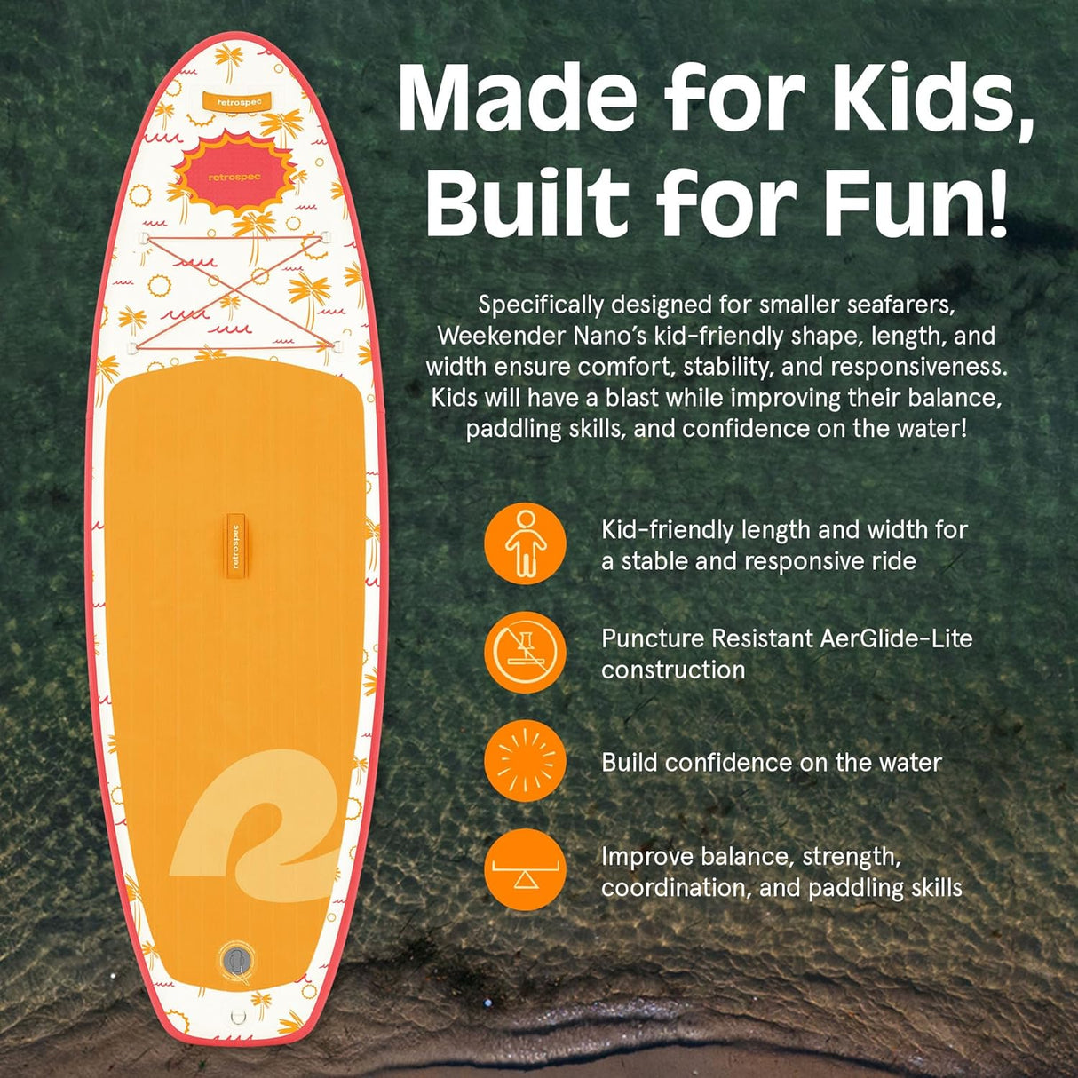 Weekender Nano Kids' Inflatable Paddle Board Summer Punch with kid-friendly size, stable design, and puncture-resistant AerGlide-Lite.