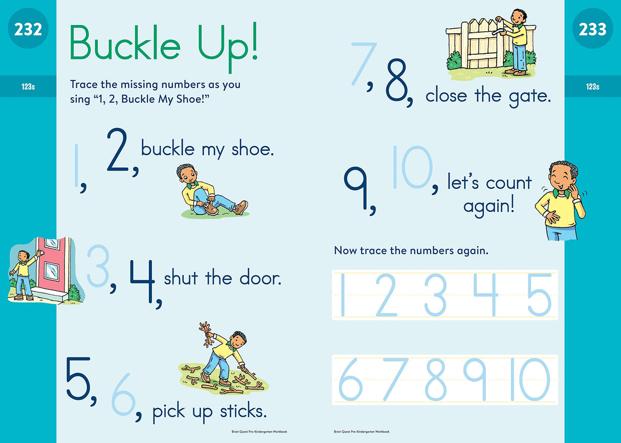 Brain Quest Workbook Pre-K page with interactive counting and tracing numbers activity for early learning and motor skills.