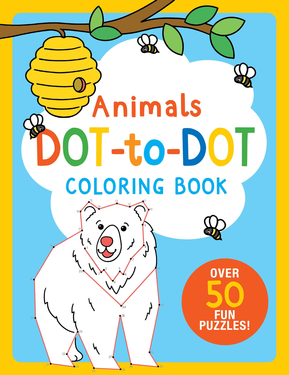 Animals Dot to Dot coloring book cover with a bear dot-to-dot puzzle and playful bees around a yellow beehive.