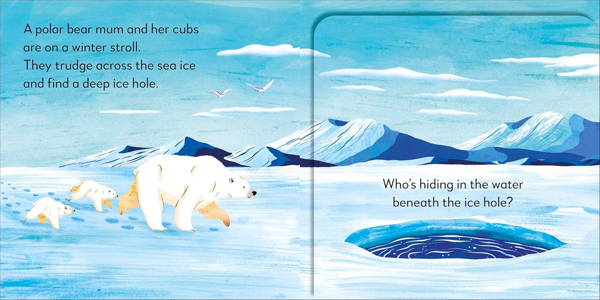 Illustration of a polar bear and cubs near an ice hole with text asking who is hiding beneath the water.