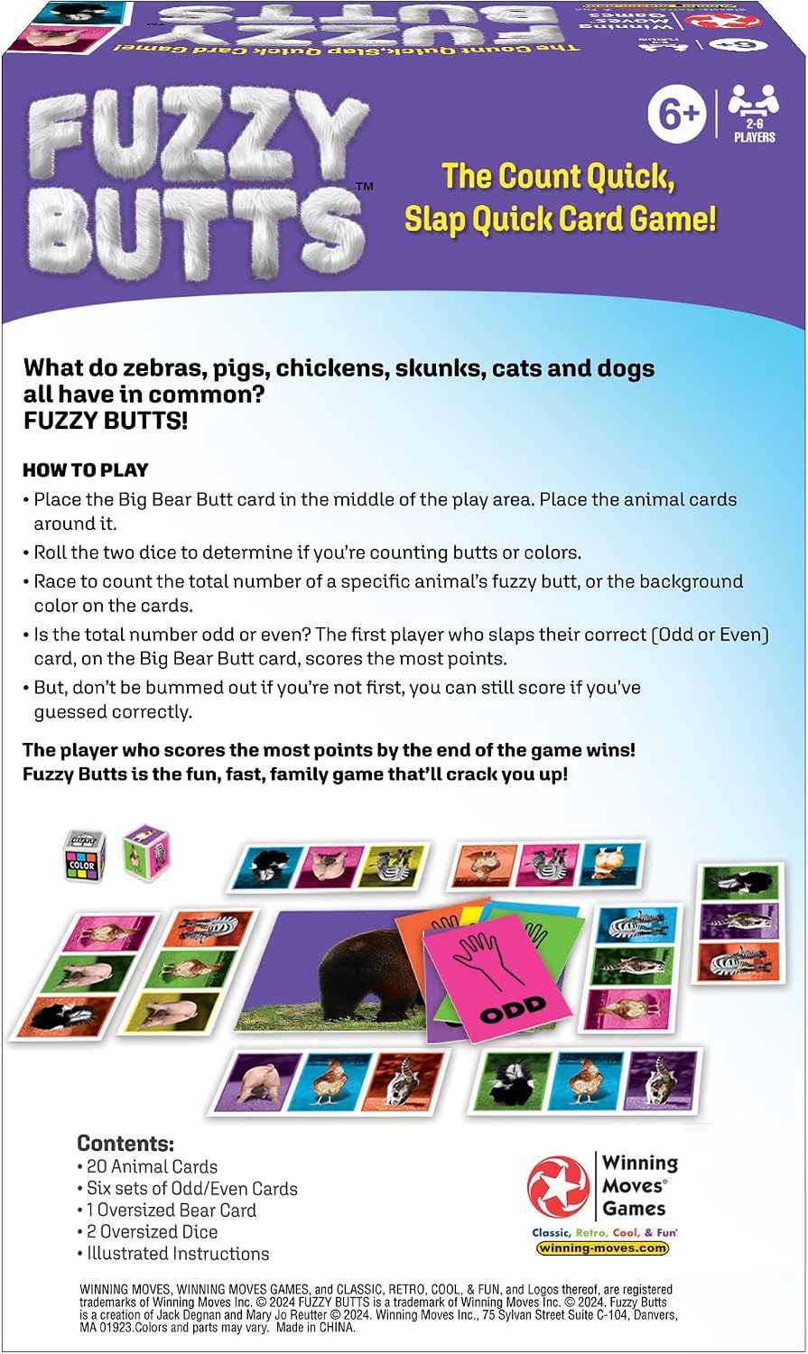 Fuzzy Butts card game box with colorful animal cards and playful family game artwork