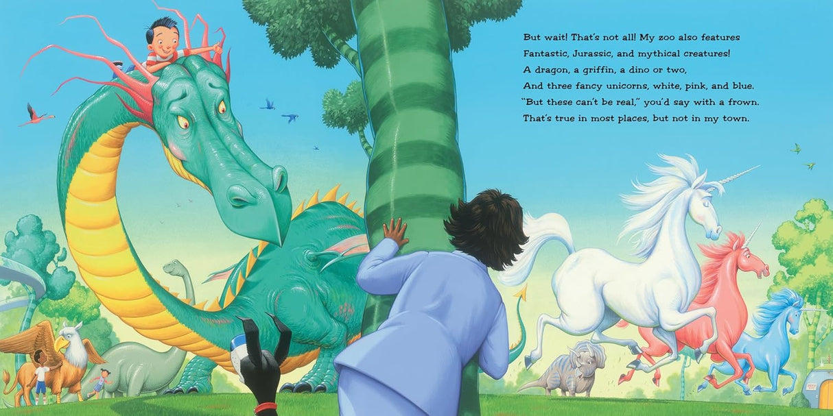 Illustration from If I Built a Town showing a child imagining a town with dragons, mythical creatures, and colorful ponies.