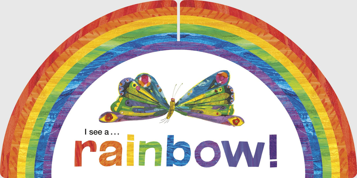 Very Hungry Caterpillar's Rainbow Colors board book page featuring a colorful butterfly and vibrant rainbow design.