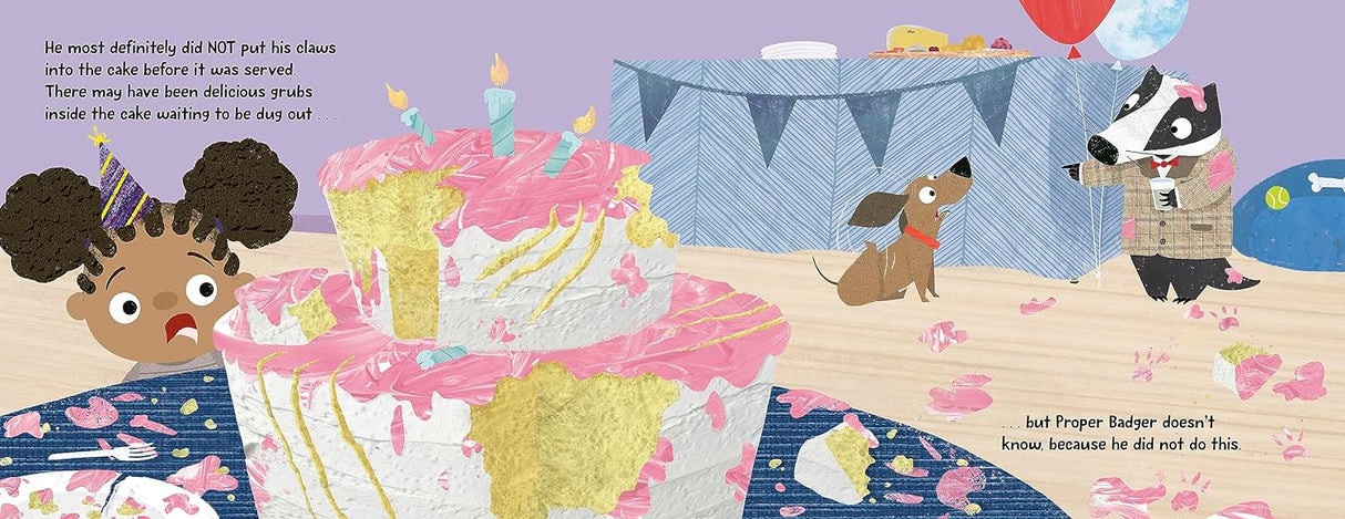 Illustration from Proper Badger Would Never! showing a messy cake and Proper Badger at a party in a bow tie.