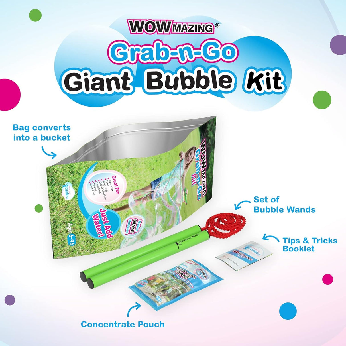WOWmazing Bubbles Grab-N-Go Giant Bubble Kit with bubble wands, concentrate pouches, convertible bag, and tips booklet