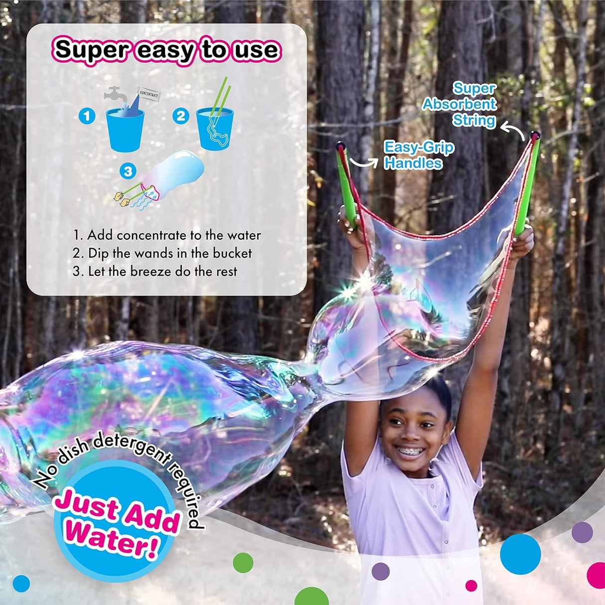 Child creating giant bubbles outdoors with WOWmazing Bubbles Grab-N-Go Giant Bubble Kit and easy-grip handles.