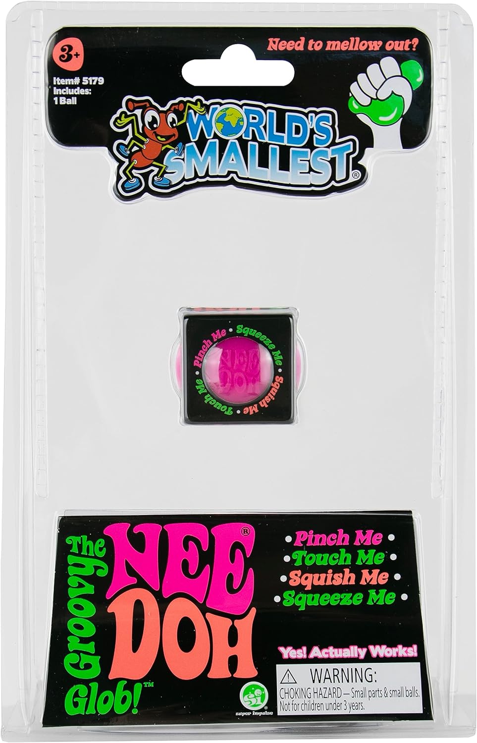 World's Smallest NeeDoh stress ball in bright colors with packaging details for ages 3 and up, groovy glob design.