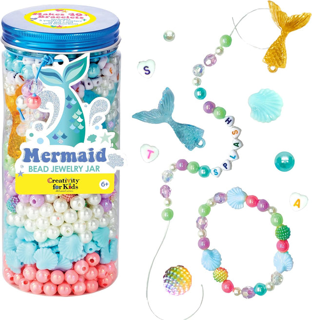 Bead Jewelry Jar | Mermaid with colorful beads and charms for DIY friendship bracelets for kids ages 6 and up.