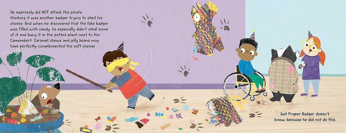 Proper Badger Would Never! shows Proper Badger in a bow tie, politely avoiding party mischief near a broken piñata.