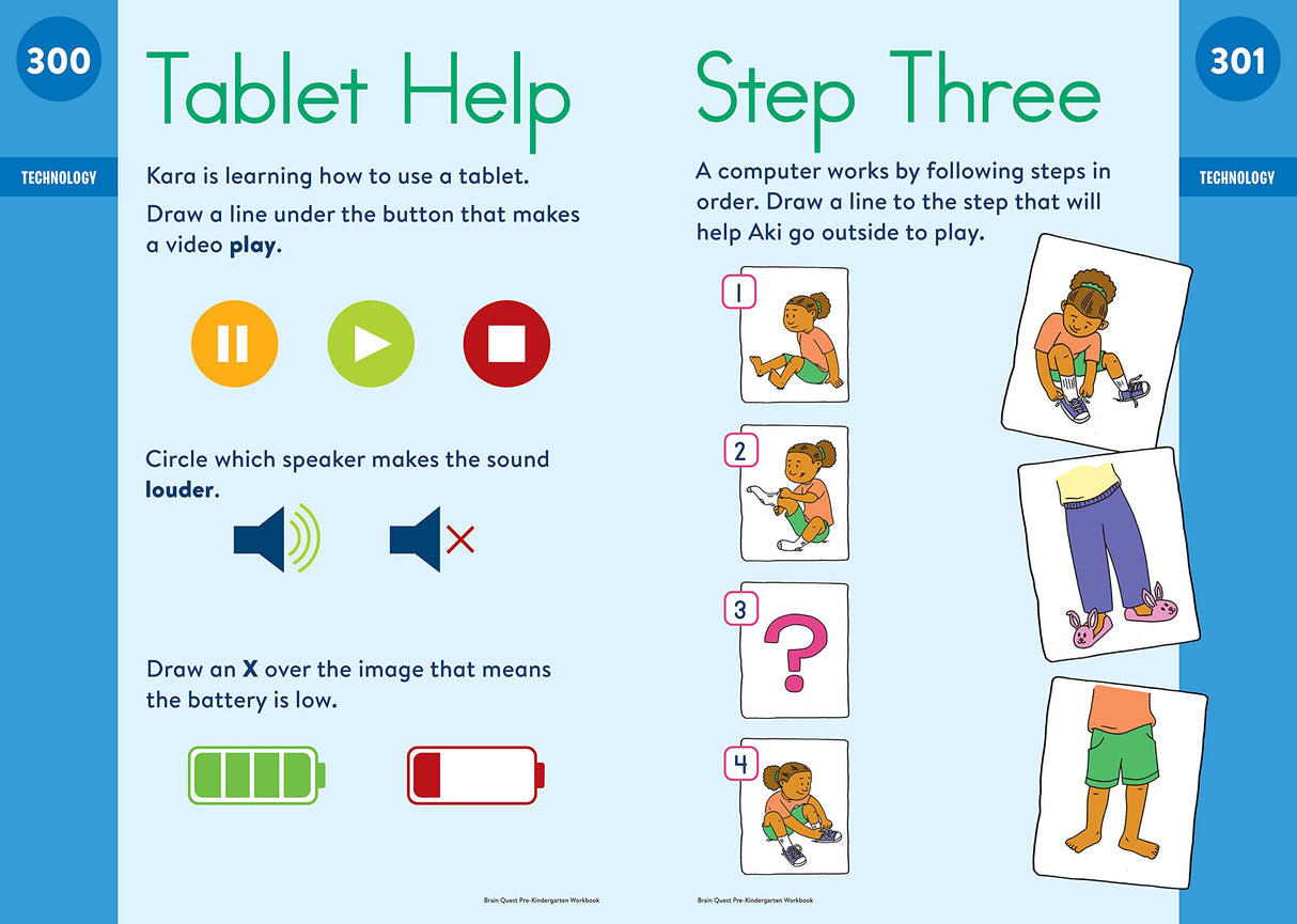 Brain Quest Workbook Pre-K page showing tablet help and step-by-step sequencing activities for young learners.