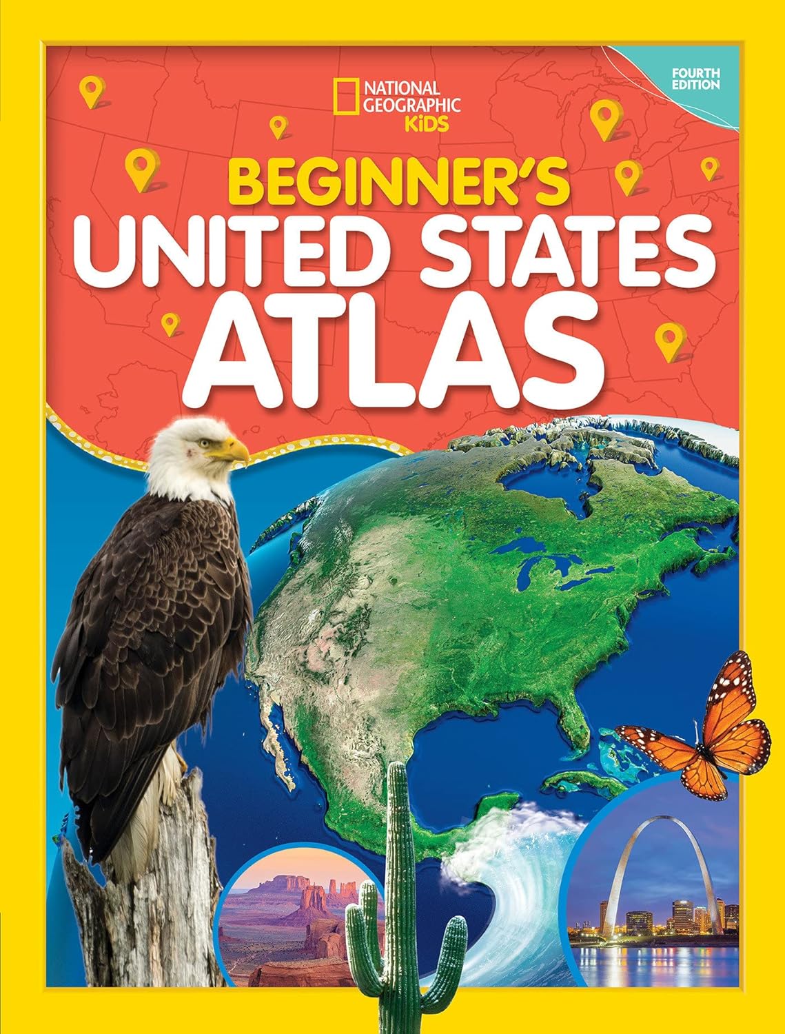 National Geographic Kids: Beginners US Atlas cover with US map, bald eagle, cactus, butterfly, and landmark images.
