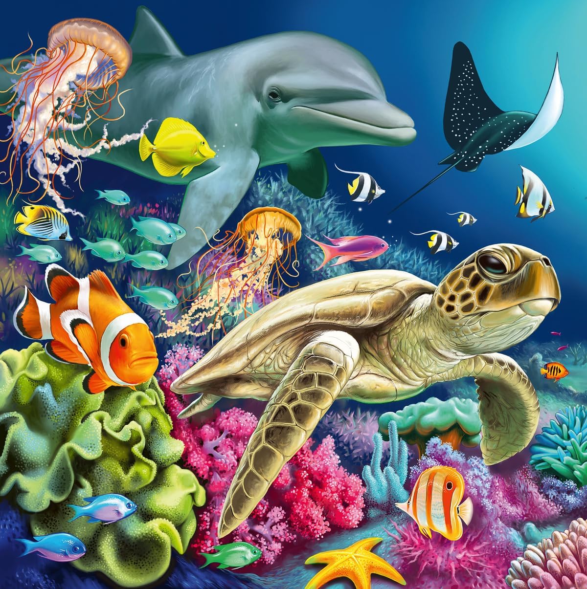49pc Underwater Puzzles featuring dolphin, sea turtle, clownfish, jellyfish, and vibrant coral reef scene.