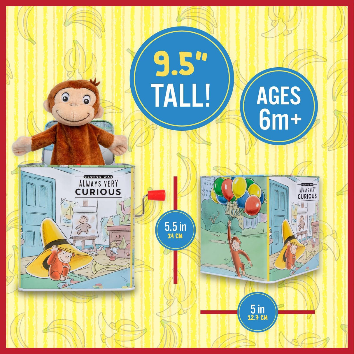 Curious George | Jack in the Box toy with plush monkey, plays Pop Goes the Weasel, 9.5 inches tall, for ages 6 months and up.