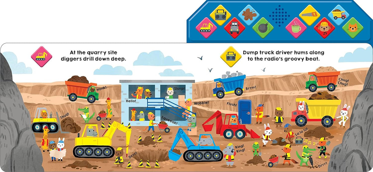 What Can You Hear Construction board book shows children exploring a busy construction site with sound buttons.