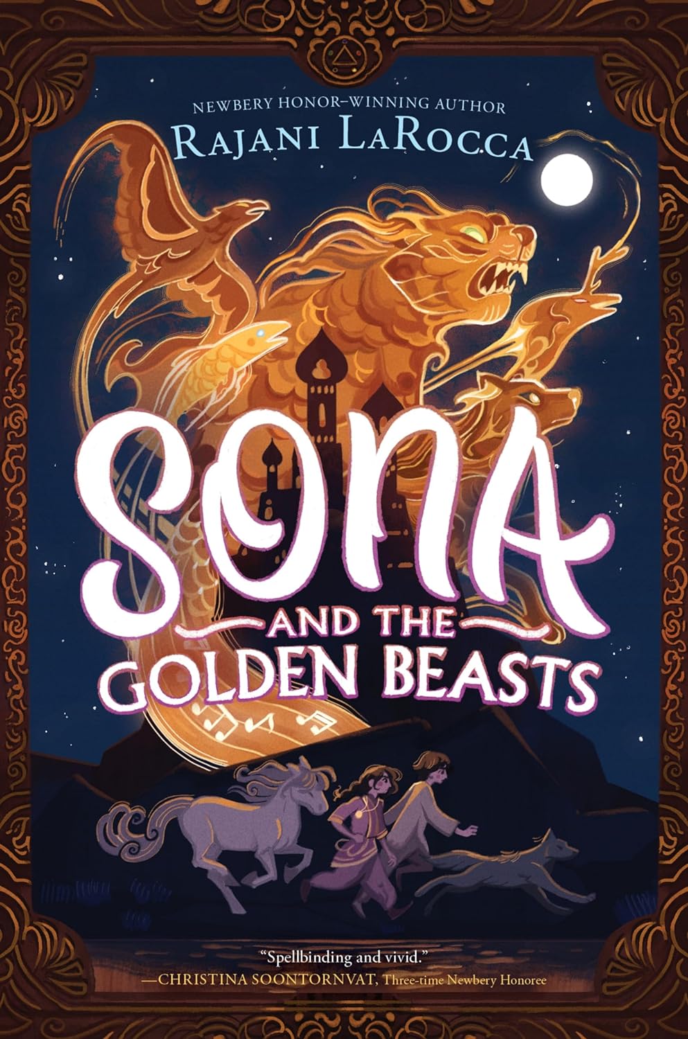 Cover of Sona and the Golden Beasts by Rajani LaRocca featuring golden mythical creatures and characters on a dark blue background.