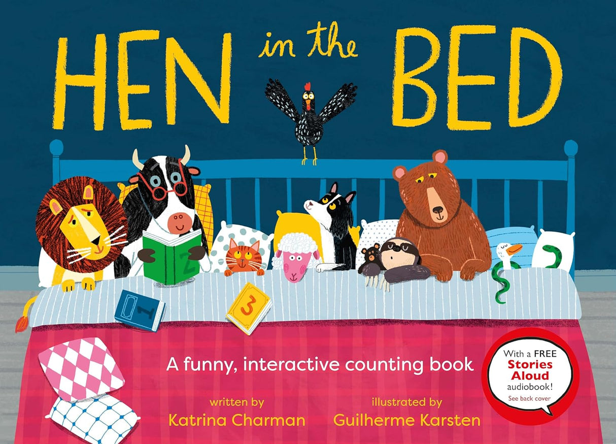Hen in the Bed book cover with various colorful animals on a bed in a playful, counting picture book setting.