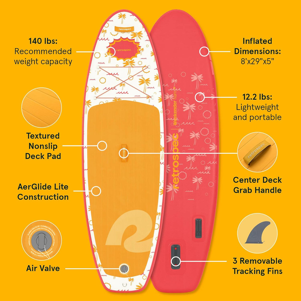 Weekender Nano Kids' Inflatable Paddle Board Summer Punch with 8'x29"x5" size and 140 lbs capacity.