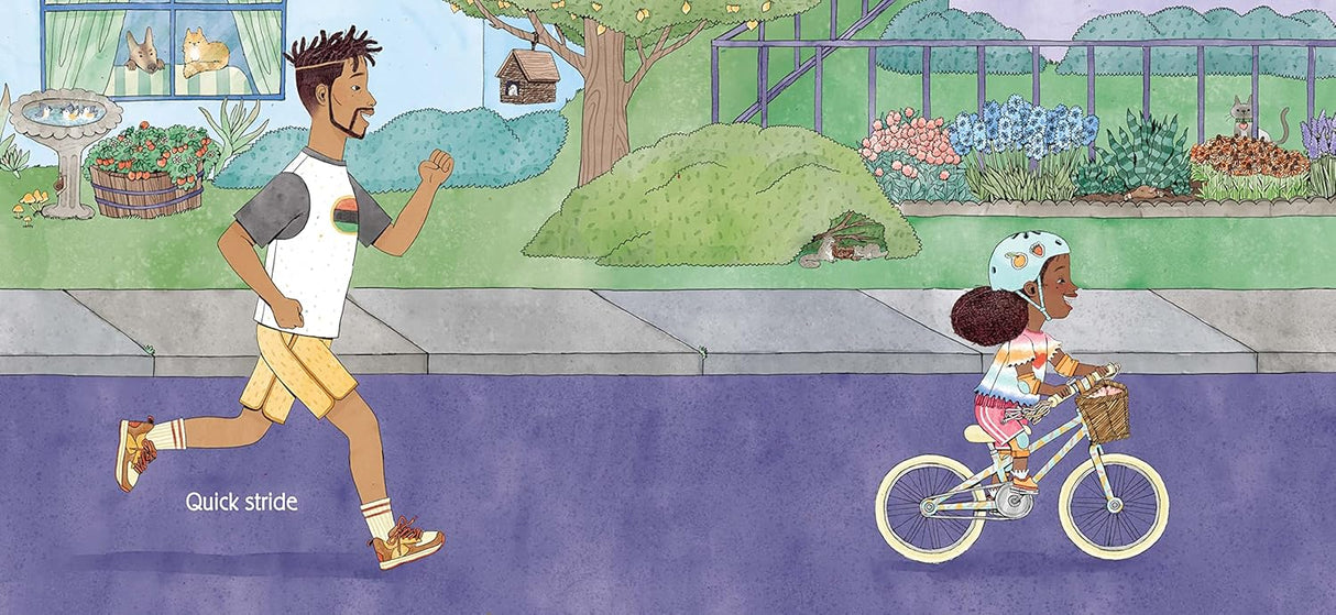 Together We Ride: A girl learning to ride her bike with her dad jogging beside her in a sunny neighborhood scene.